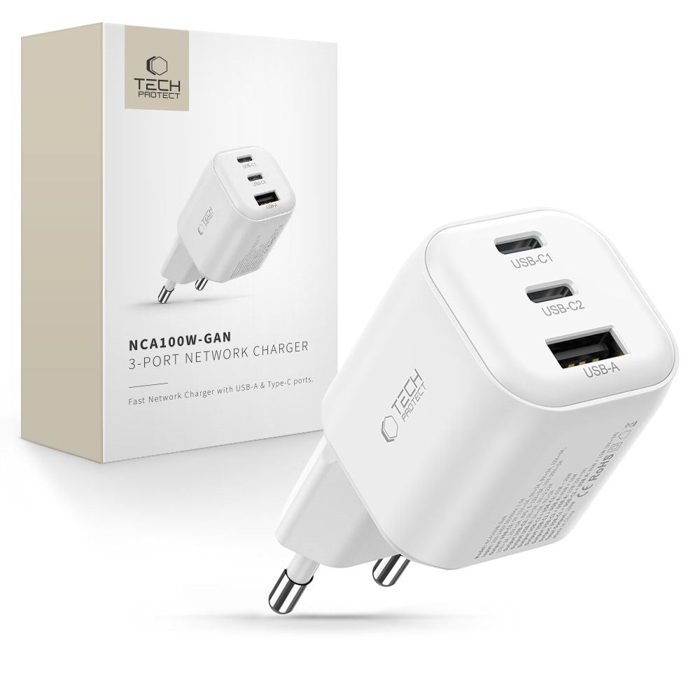 Tech-Protect 100W Vegglader - 1 x USB-A - 2 x USB-C - Hvit