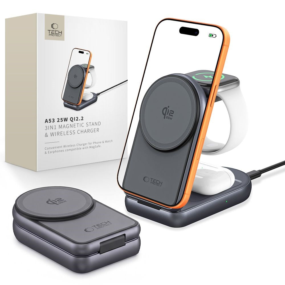 Tech-Protect A53 3-i-1 25W Trådløs Lader: Smarttelefon & Smartklokke & Øretelefoner - MagSafe / Qi2 Kompatibel - Mørkegrå