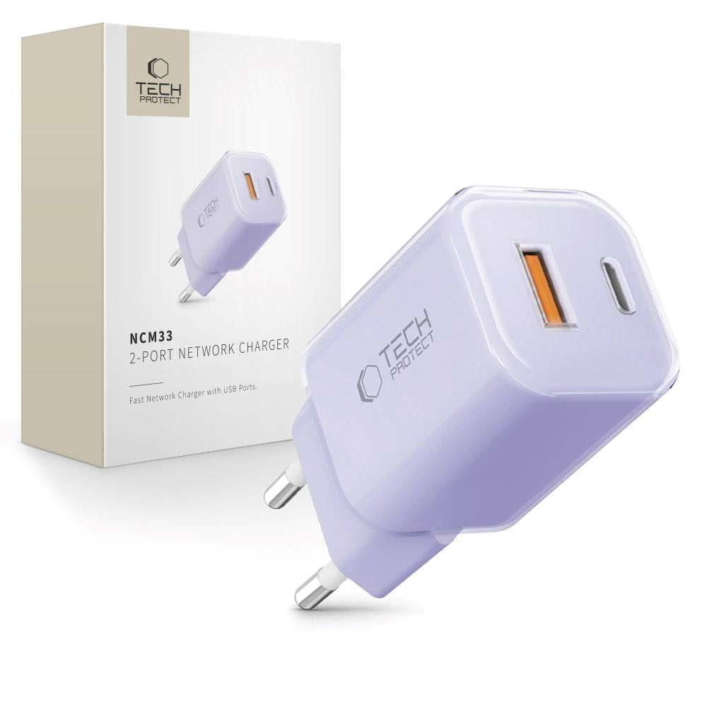 Tech-Protect 33W Vegglader m. 1x USB-A & 1x USB-C - Lilla