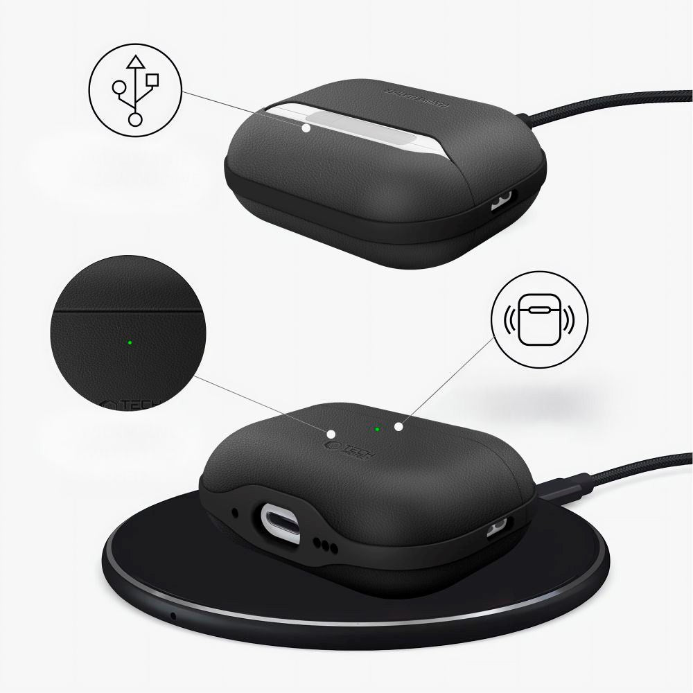 Apple AirPods Pro (3. gen.) Tech-Protect NaturalFit Kunstskinn Deksel m. Rem - Svart