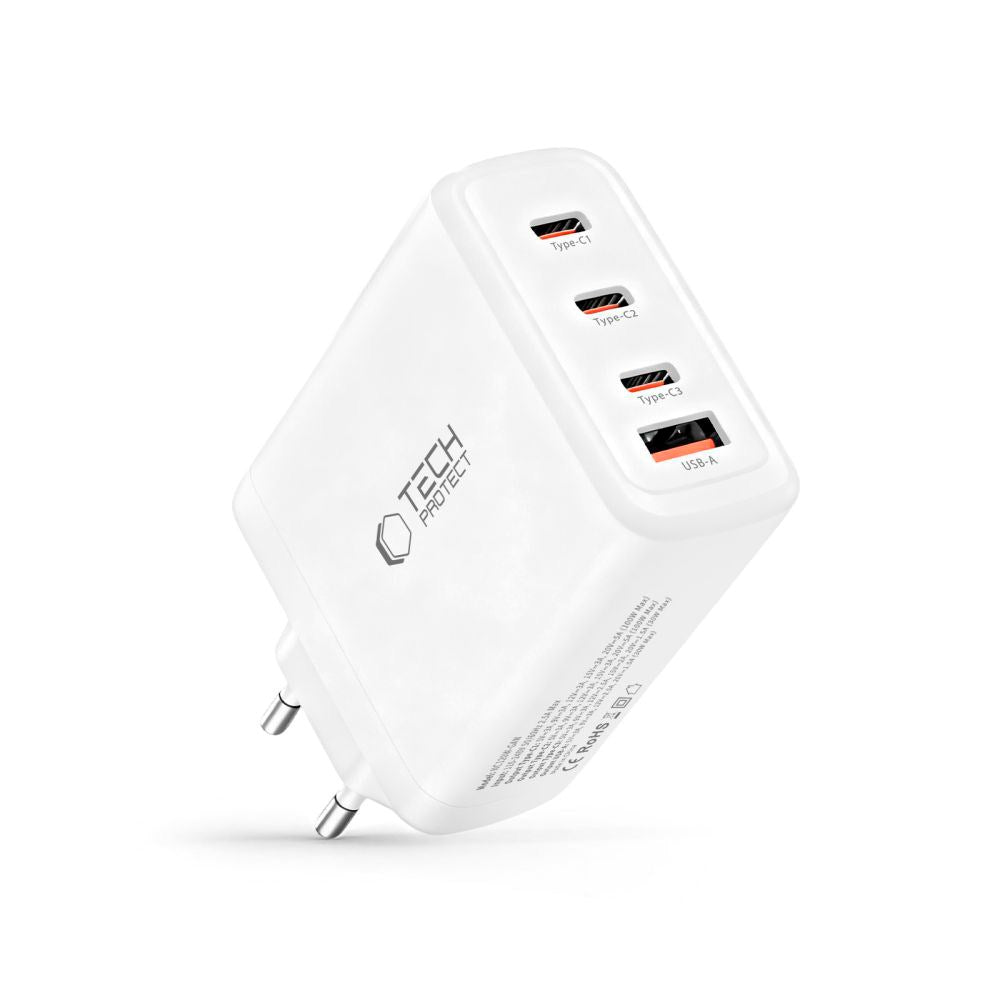 Tech-Protect 120W GaN Vegglader m. 1 x USB-A & 3 x USB-C – Hvit