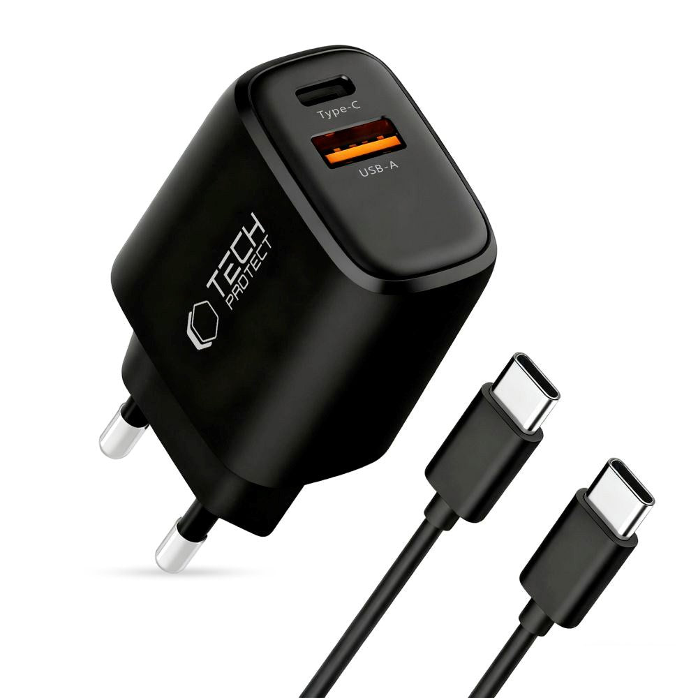 Tech-Protect 45W GaN Vegglader m. 1 x USB-A / 1 x USB-C / 1 x USB-C til USB-C Kabel – Svart