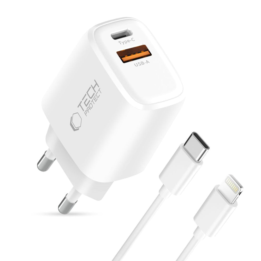 Tech-Protect 45W Vegglader m. Lightning Kabel - 1 x USB-C & 1 x USB-A - Hvit