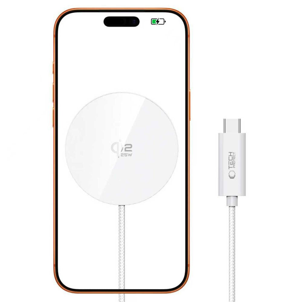 Tech-Protect 25W Qi2 Magnetisk Trådløs Lader - MagSafe Kompatibel - Hvit