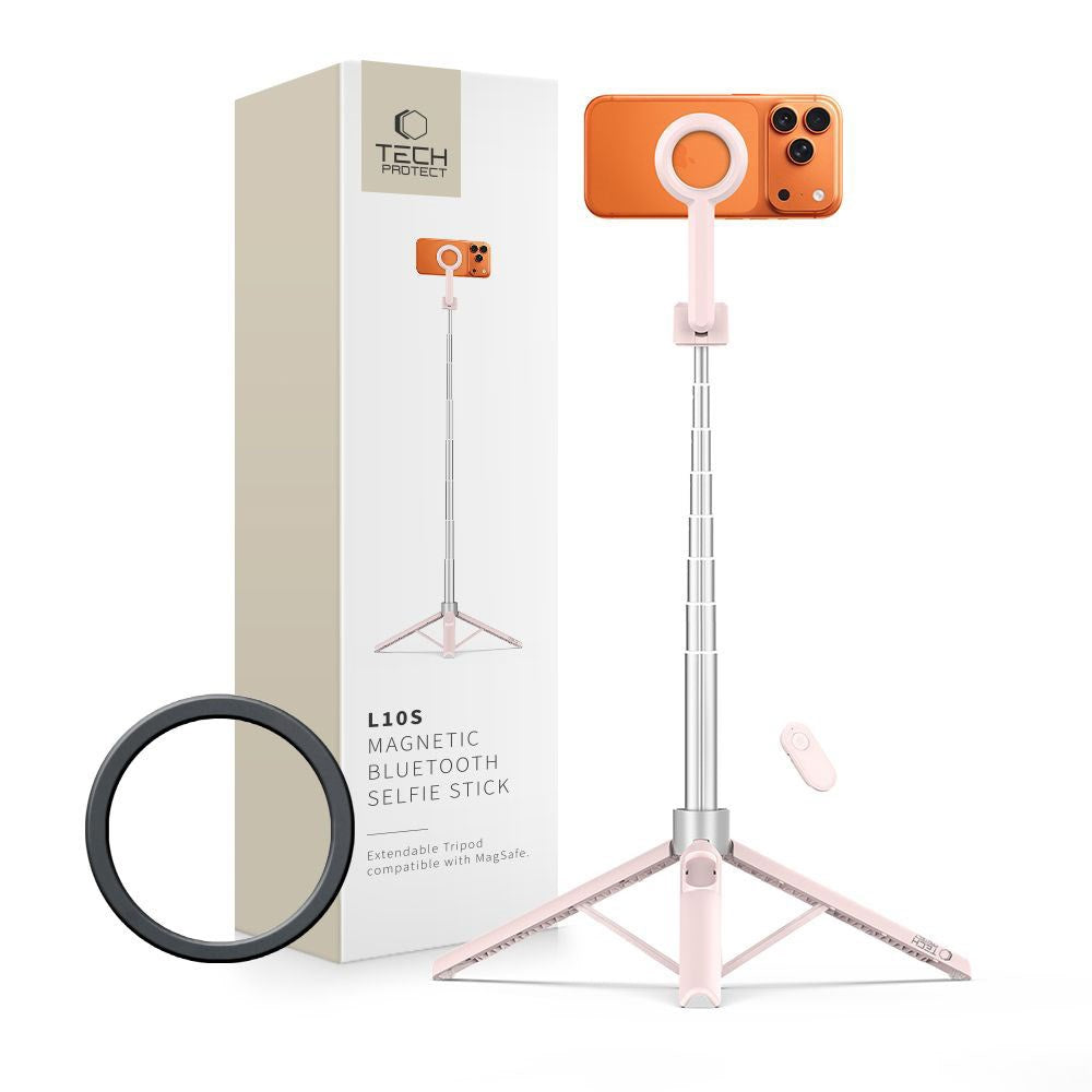 Tech-Protect L10S Bluetooth Tripod Selfie Stick – MagSafe Kompatibel – Rosa / Sølv