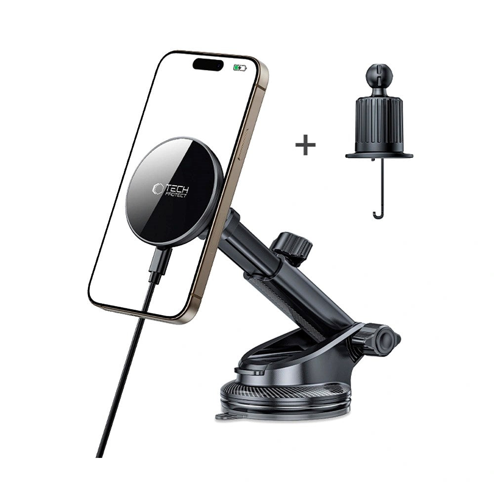 Tech-Protect 15W Magnetisk Trådløs Billader - Dashbord & Luftventilfeste - MagSafe Kompatibel - Svart
