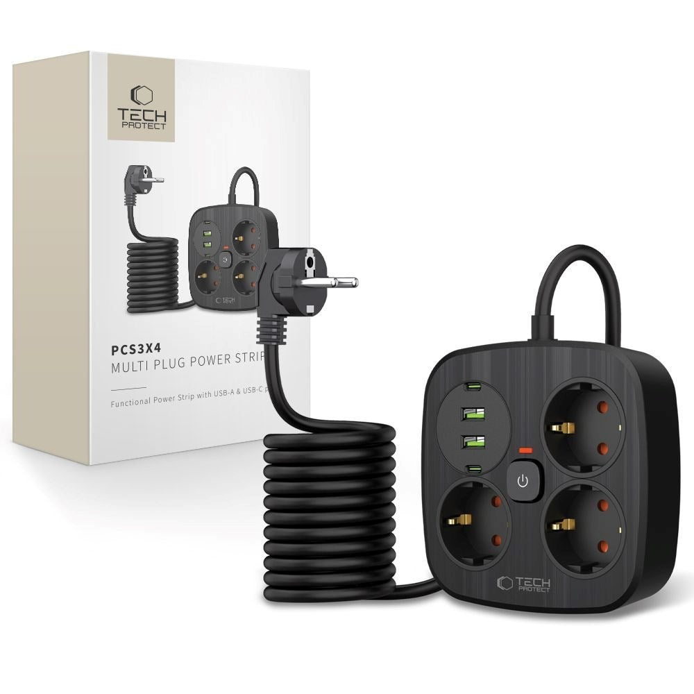 Tech-Protect Multifunksjonell Strømskinne med 3 x Uttak / 2 x USB-A / 2 x USB-C - 2m - Svart