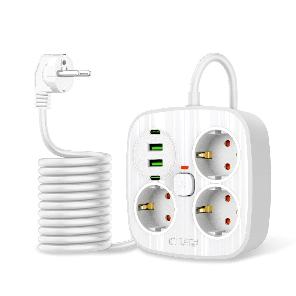 Tech-Protect Multifunksjonell Strømskinne med 3 x Uttak / 2 x USB-A / 2 x USB-C - 2m - Hvit