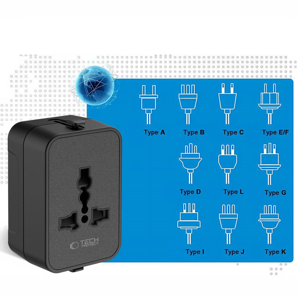 Tech-Protect TA300 Reiseadapter - EU / UK / US / AU - Svart