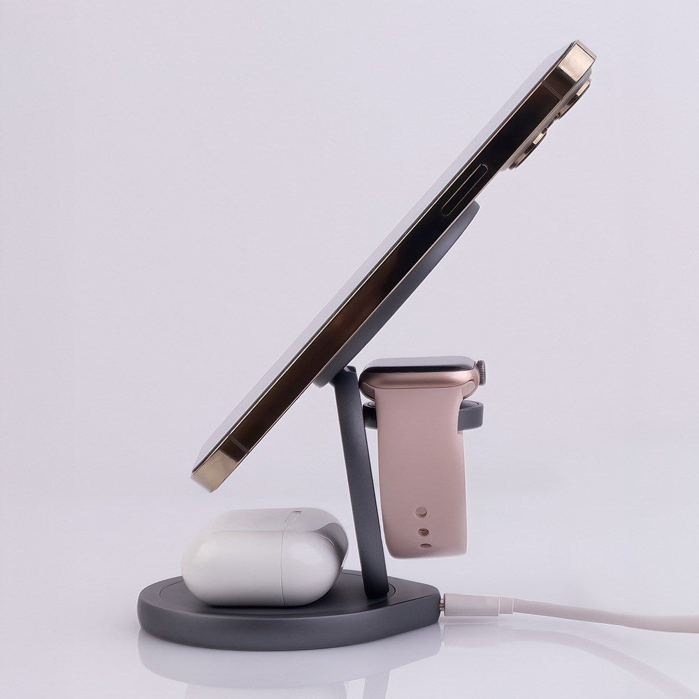 Forever 15W MAWC-200 3-i-1 Trådløs Lader med USB-C - MagSafe Kompatibel - Grå