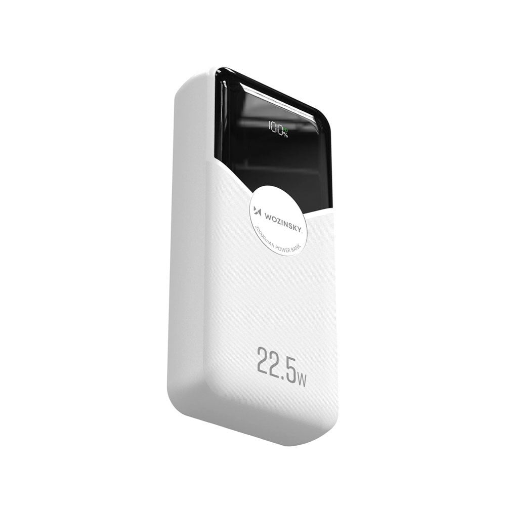 Wozinsky 20 000 mAh Powerbank med Innebygd USB-C & Lightning-Kabel - Hvit