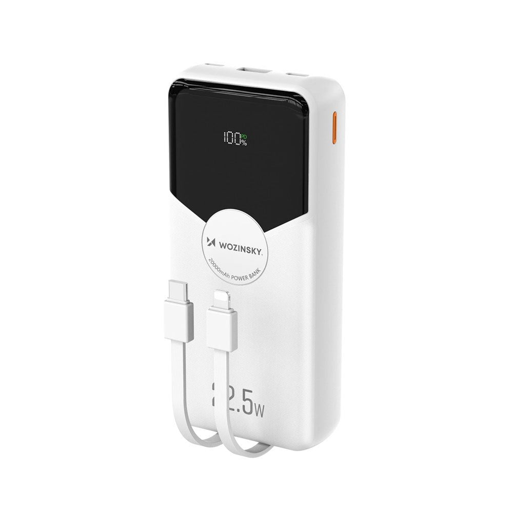 Wozinsky 20 000 mAh Powerbank med Innebygd USB-C & Lightning-Kabel - Hvit