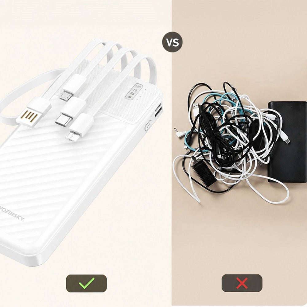 Wozinsky 10.000mAh Powerbank med Lommelygte & 4 x Inbygget Kabler - Hvid