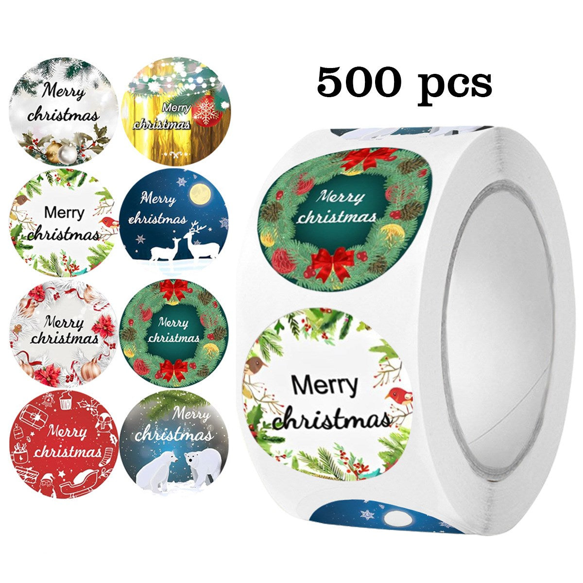 Rull med 500 Klistremerker - 8 Design - Merry Christmas