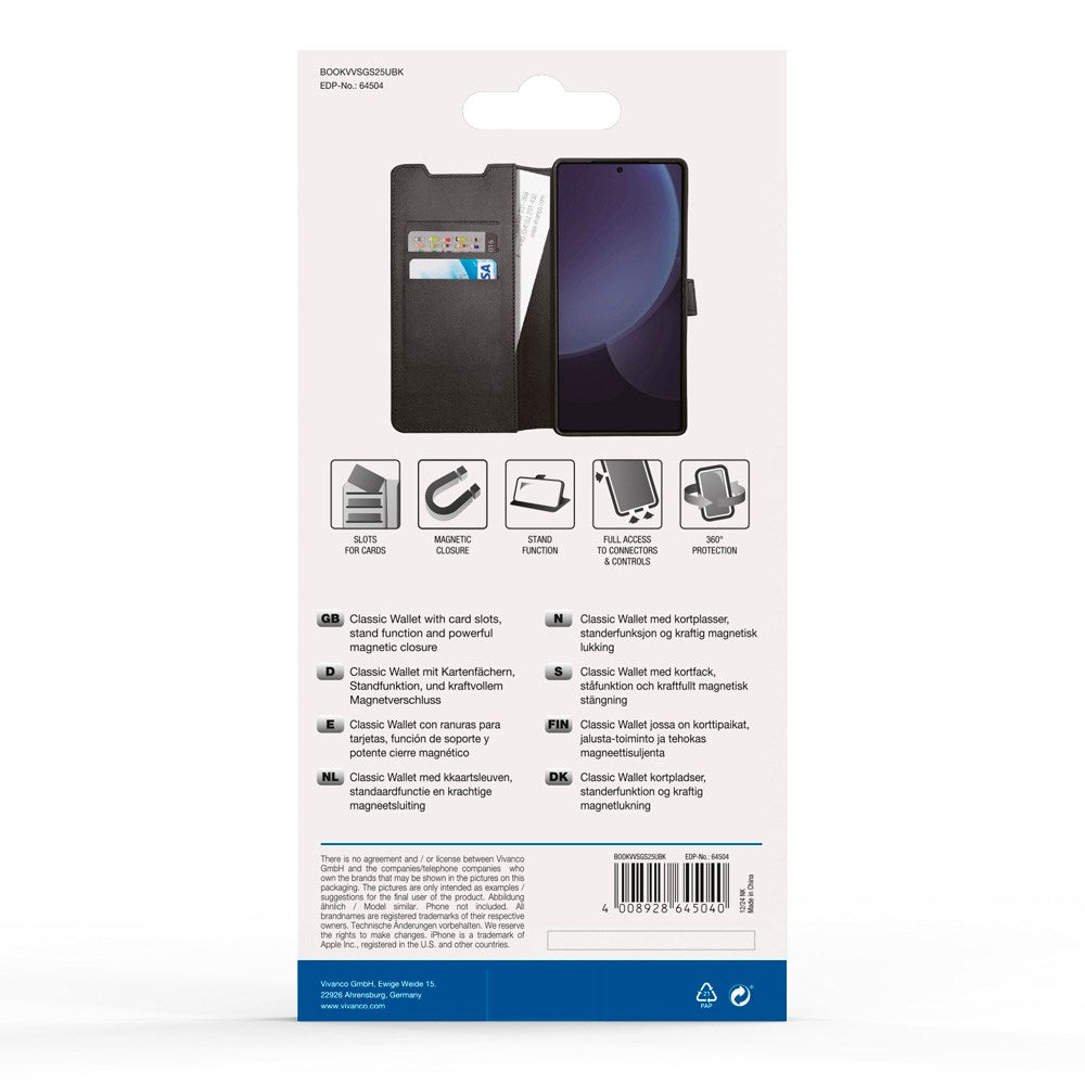 Samsung Galaxy S25 Ultra Vivanco Classic Wallet Kunstskinn Flipdeksel med Lommebok - Svart
