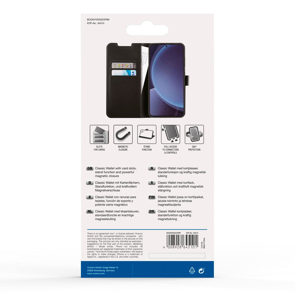 Samsung Galaxy S25+ (Plus) Vivanco Classic Wallet Kunstskinn Flipdeksel med Lommebok - Svart