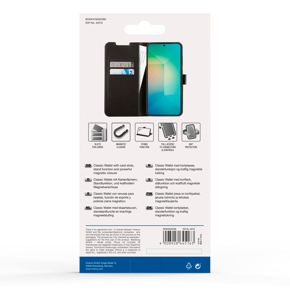 Samsung Galaxy S25 Vivanco Classic Wallet Kunstskinn Flipdeksel med Lommebok - Svart