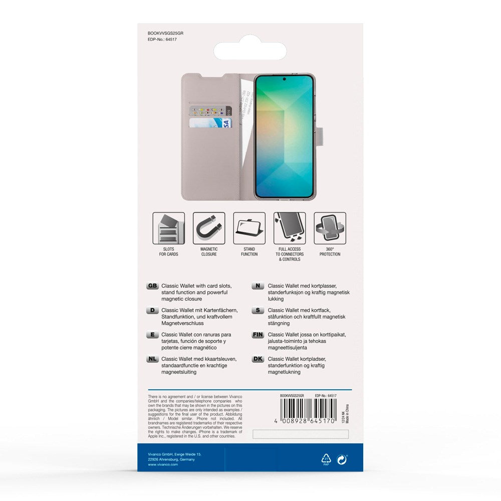 Samsung Galaxy S25 Vivanco Classic Wallet Kunstskinn Flipdeksel med Lommebok - Greige