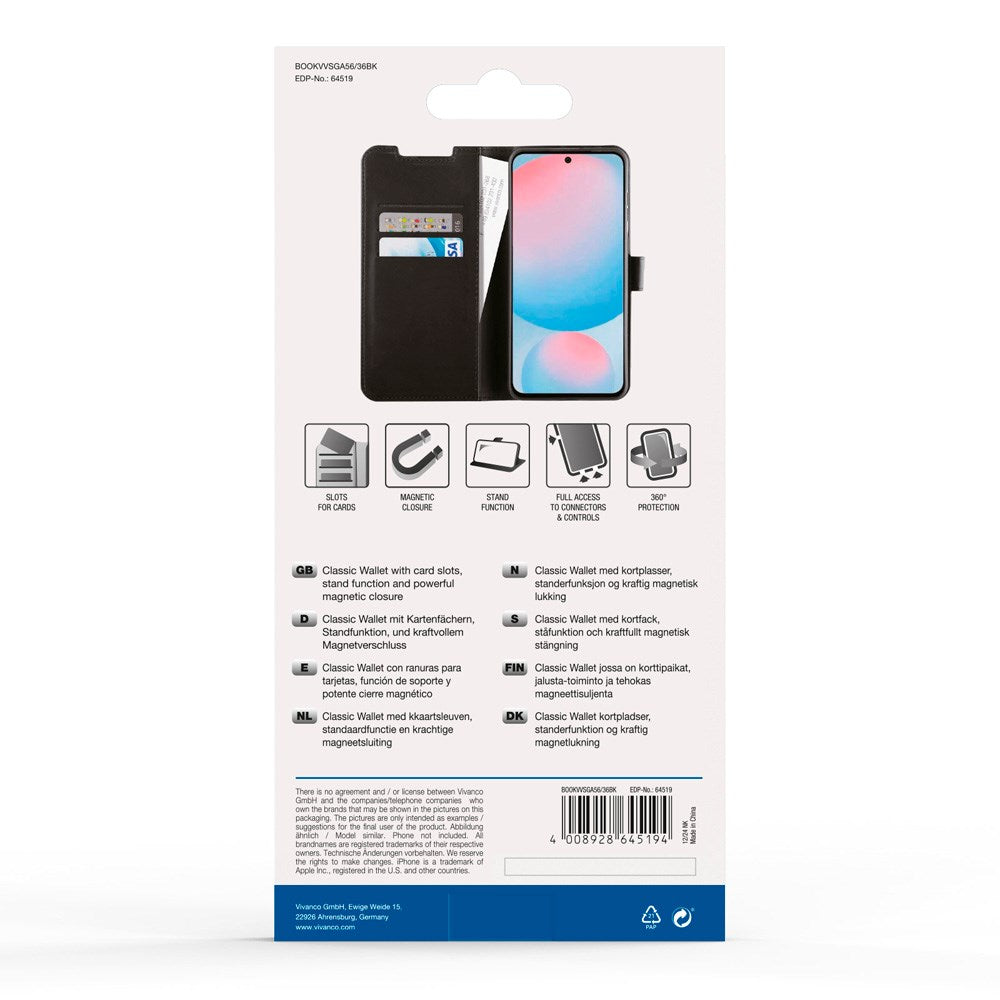Samsung Galaxy A56 (5G) / A36 (5G) - Vivanco Classic Wallet Flip Deksel m. Lomme - Svart