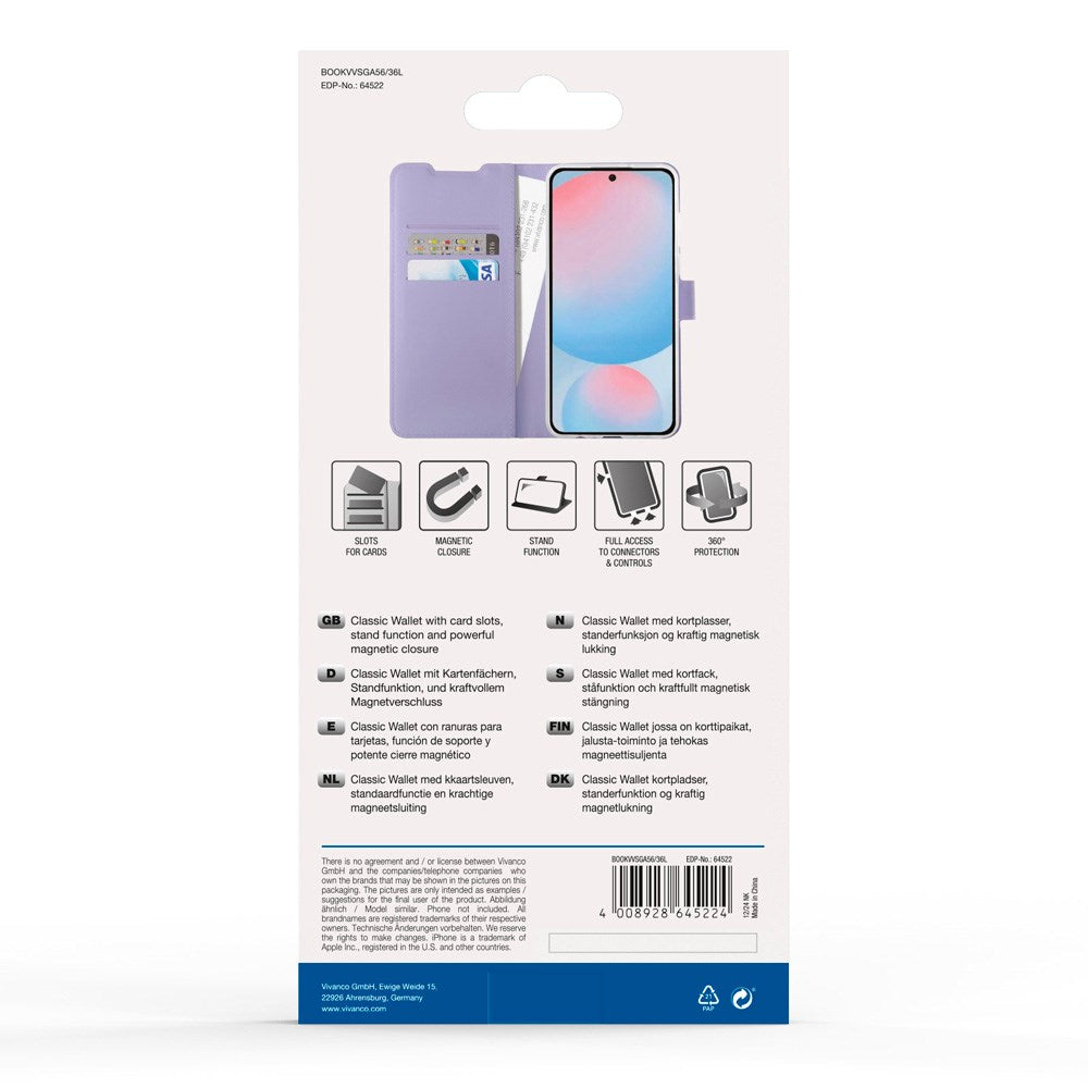 Samsung Galaxy A56 (5G) / A36 (5G) - Vivanco Classic Wallet Flip Deksel m. Lomme - Lilla