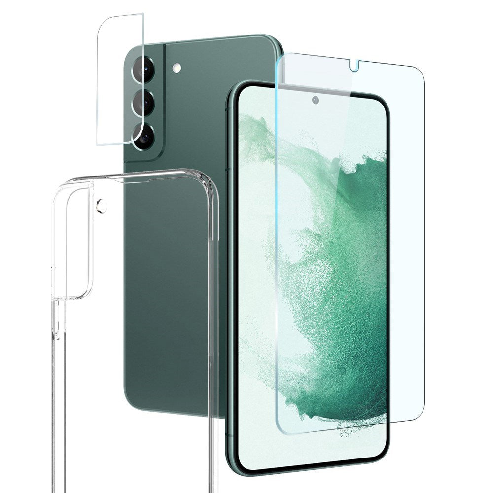 NORTHJO Samsung Galaxy S22 | 3-i-1 360° Beskyttelsessett med Deksel | Skjermbeskytter | Kameralinsebeskytter - Gjennomsiktig