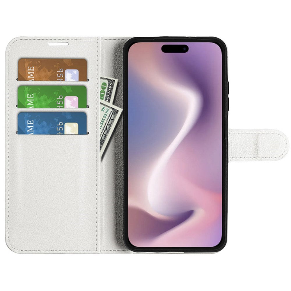 EIDERWOOD iPhone 16 Litchi Skin Flip Deksel med Lommebok - Hvit