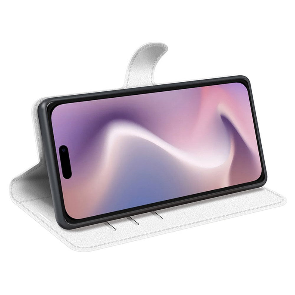 EIDERWOOD iPhone 16 Litchi Skin Flip Deksel med Lommebok - Hvit