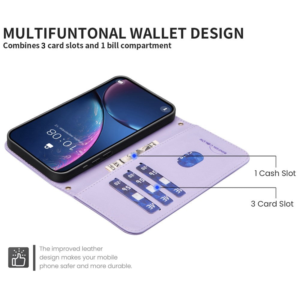 iPhone 16 Pro Rutete Kunstskinn Flip Deksel med Lommebok og Stropp - Lilla