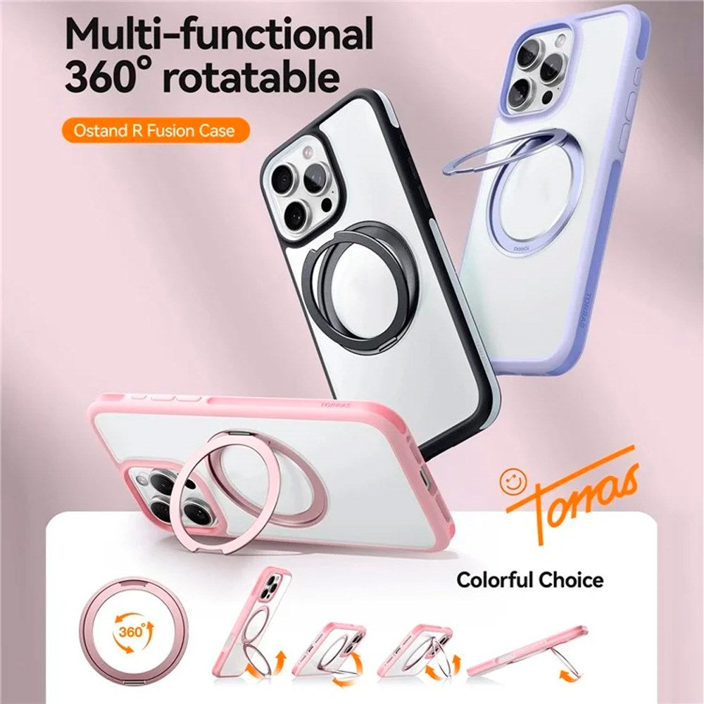 TORRAS iPhone 16 Pro Hybrid Plast Deksel m. Roterbar Kickstand Ring - MagSafe Kompatibel - Gjennomsiktig / Rosa