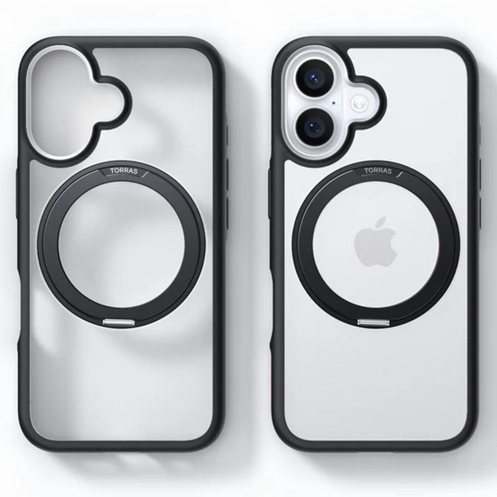 TORRAS iPhone 16 Hybrid Plast Deksel m. Roterbar Kickstand Ring - MagSafe Kompatibel - Gjennomsiktig / Svart
