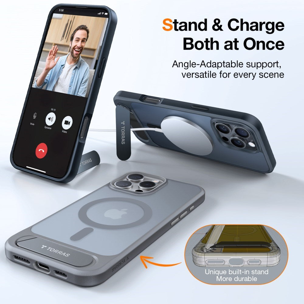TORRAS iPhone 16 Pro Hybrid Deksel m. Ståfunksjon - MagSafe Kompatibel - Svart
