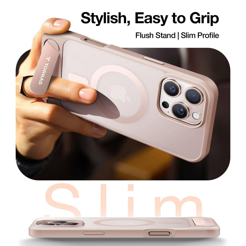 TORRAS iPhone 16 Pro Hybrid Deksel m. Ståfunksjon - MagSafe Kompatibel - Rose Gold
