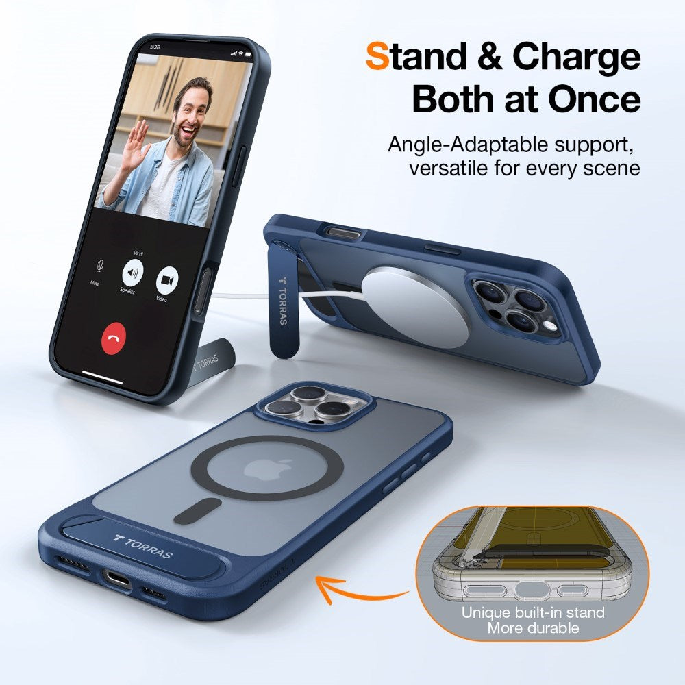 TORRAS iPhone 16 Pro Hybrid Deksel m. Ståfunksjon - MagSafe Kompatibel - Blå