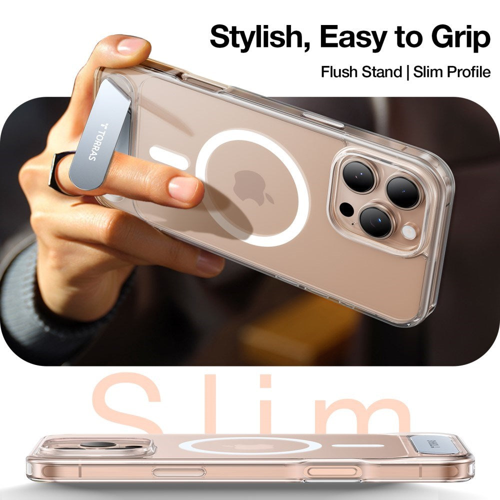 TORRAS iPhone 16 Pro Hybrid Deksel m. Ståfunksjon - MagSafe Kompatibel - Gjennomsiktig