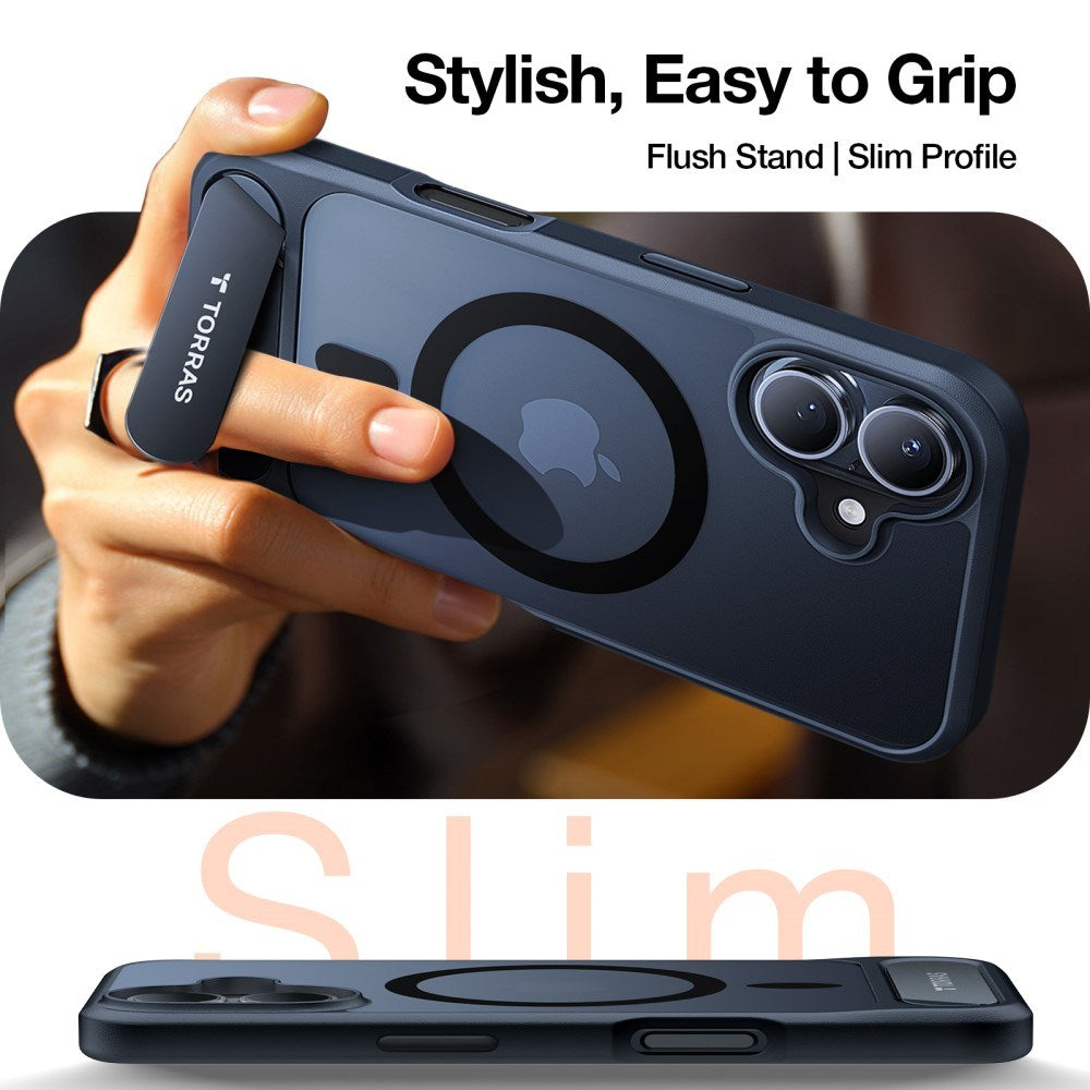 TORRAS iPhone 16 Hybrid Deksel m. Ståfunksjon - MagSafe Kompatibel - Svart