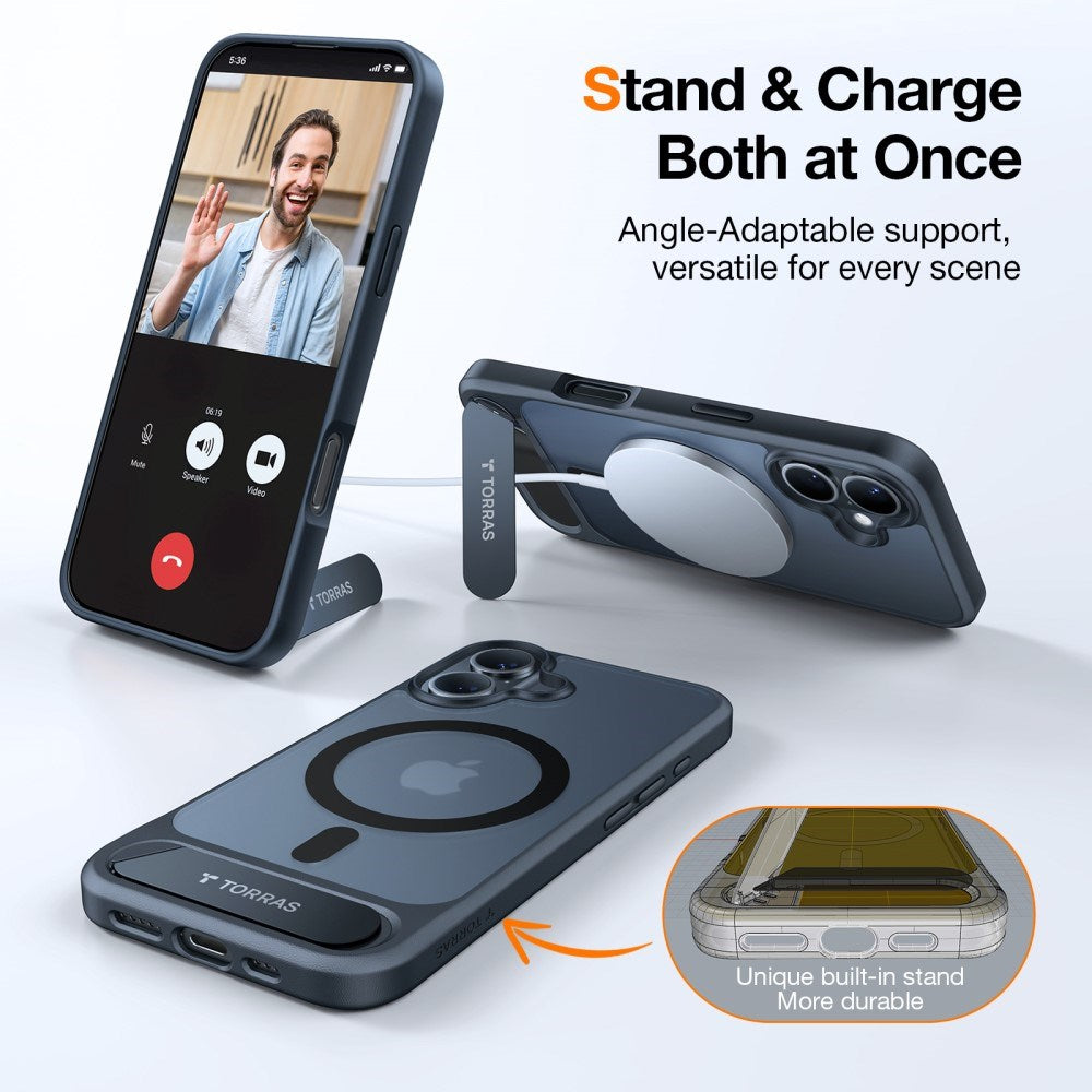 TORRAS iPhone 16 Hybrid Deksel m. Ståfunksjon - MagSafe Kompatibel - Svart