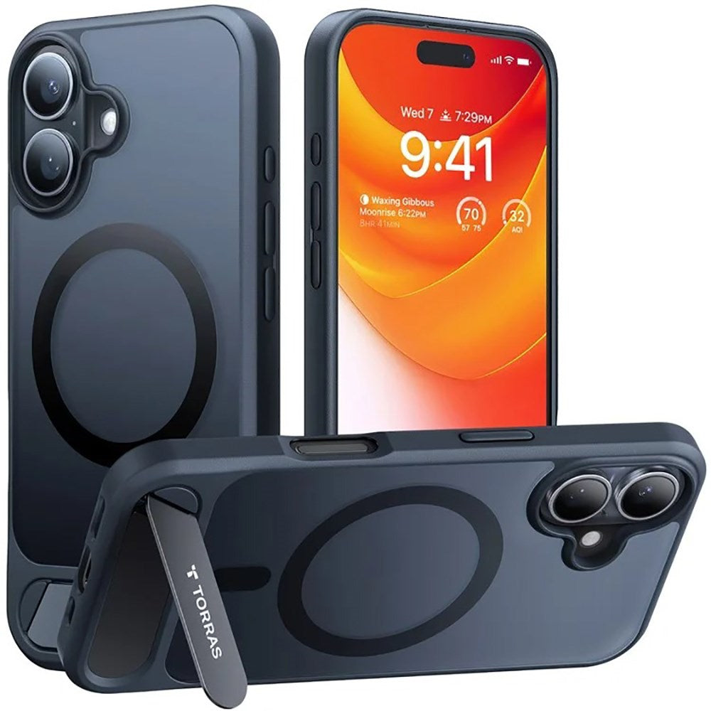 TORRAS iPhone 16 Hybrid Deksel m. Ståfunksjon - MagSafe Kompatibel - Svart