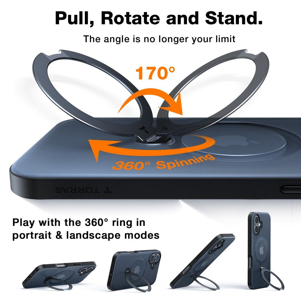 TORRAS iPhone 16 Hybrid Plast Deksel m. Ståfunksjon - MagSafe Kompatibel - Svart