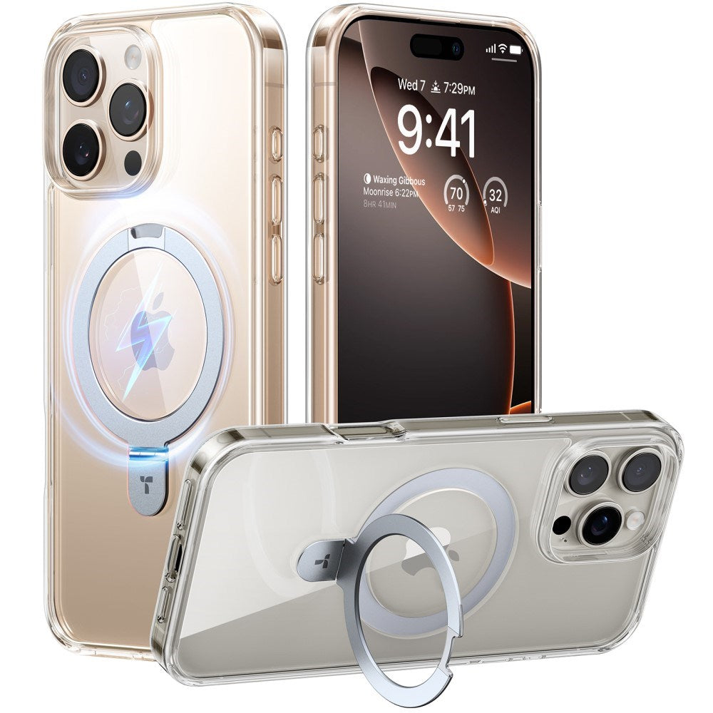 TORRAS iPhone 16 Pro Guardian Ostand Series Deksel m. Stativ - MagSafe Kompatibel - Gjennomsiktig / Sølv