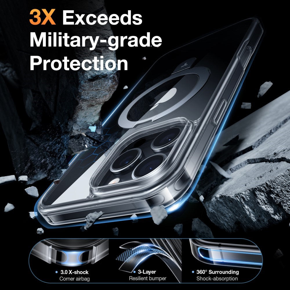 TORRAS iPhone 16 Pro Guardian Ostand Series Deksel m. Stativ - MagSafe Kompatibel - Gjennomsiktig / Sølv