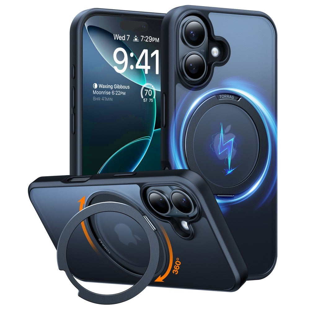 TORRAS iPhone 16 Fleksibelt Plast Deksel m. Ringstativ - MagSafe Kompatibel - Svart