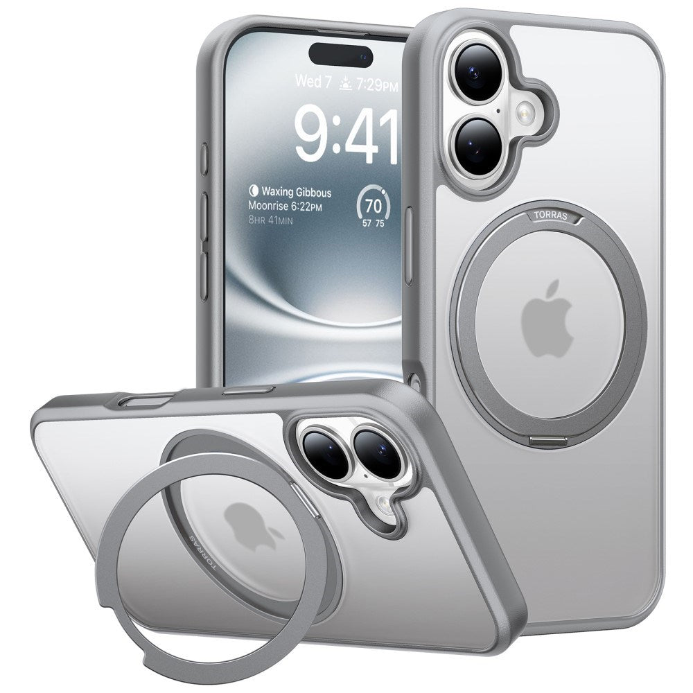 TORRAS iPhone 16 Fleksibelt Plast Deksel m. Ringstativ - MagSafe Kompatibel - Grå