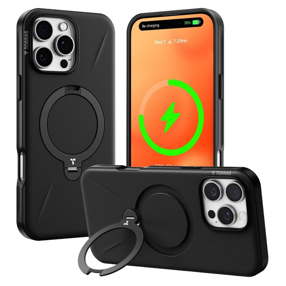 TORRAS iPhone 16 Pro Fleksibelt Plast Deksel m. Ring Kickstand - MagSafe Kompatibel - Svart