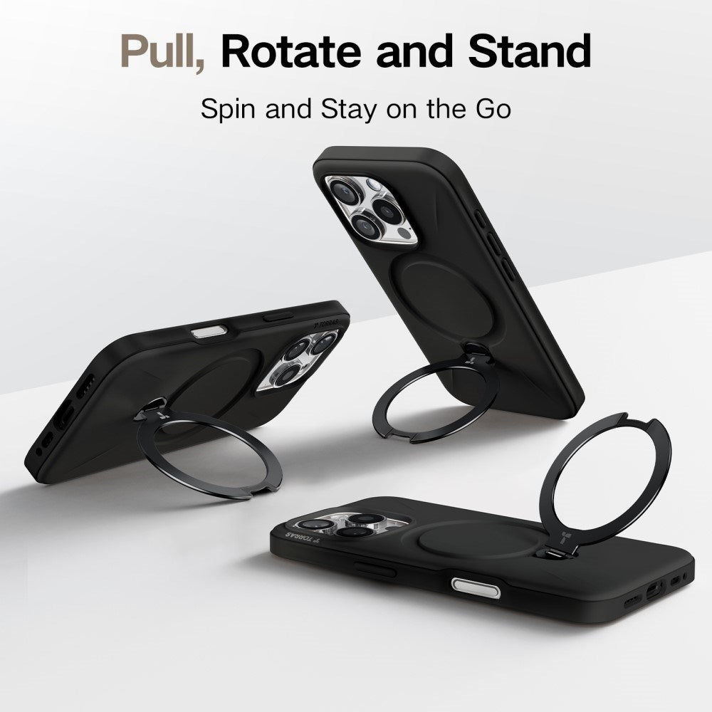 TORRAS iPhone 16 Pro Fleksibelt Plast Deksel m. Ring Kickstand - MagSafe Kompatibel - Svart