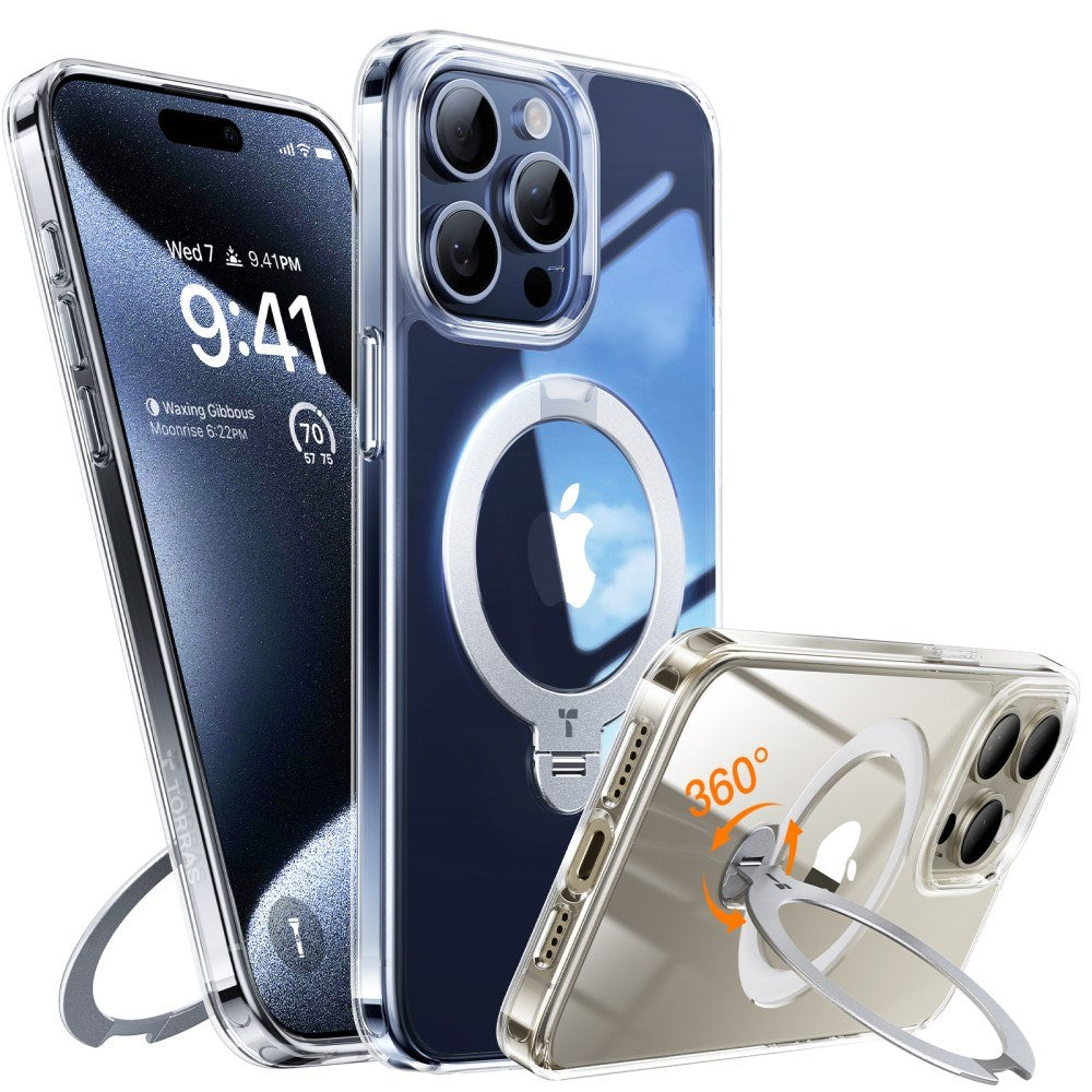 TORRAS iPhone 15 Pro Hybrid Plast Deksel m. Ståfunksjon - MagSafe Kompatibel - Gjennomsiktig