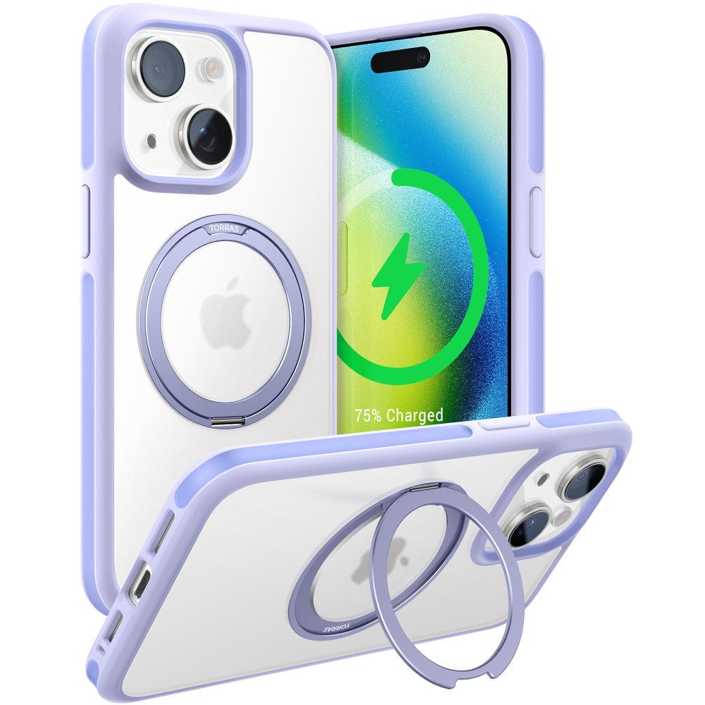 TORRAS iPhone 15 Hybrid Plast Deksel m. Roterbar Kickstand Ring - MagSafe Kompatibel - Gjennomsiktig / Lilla