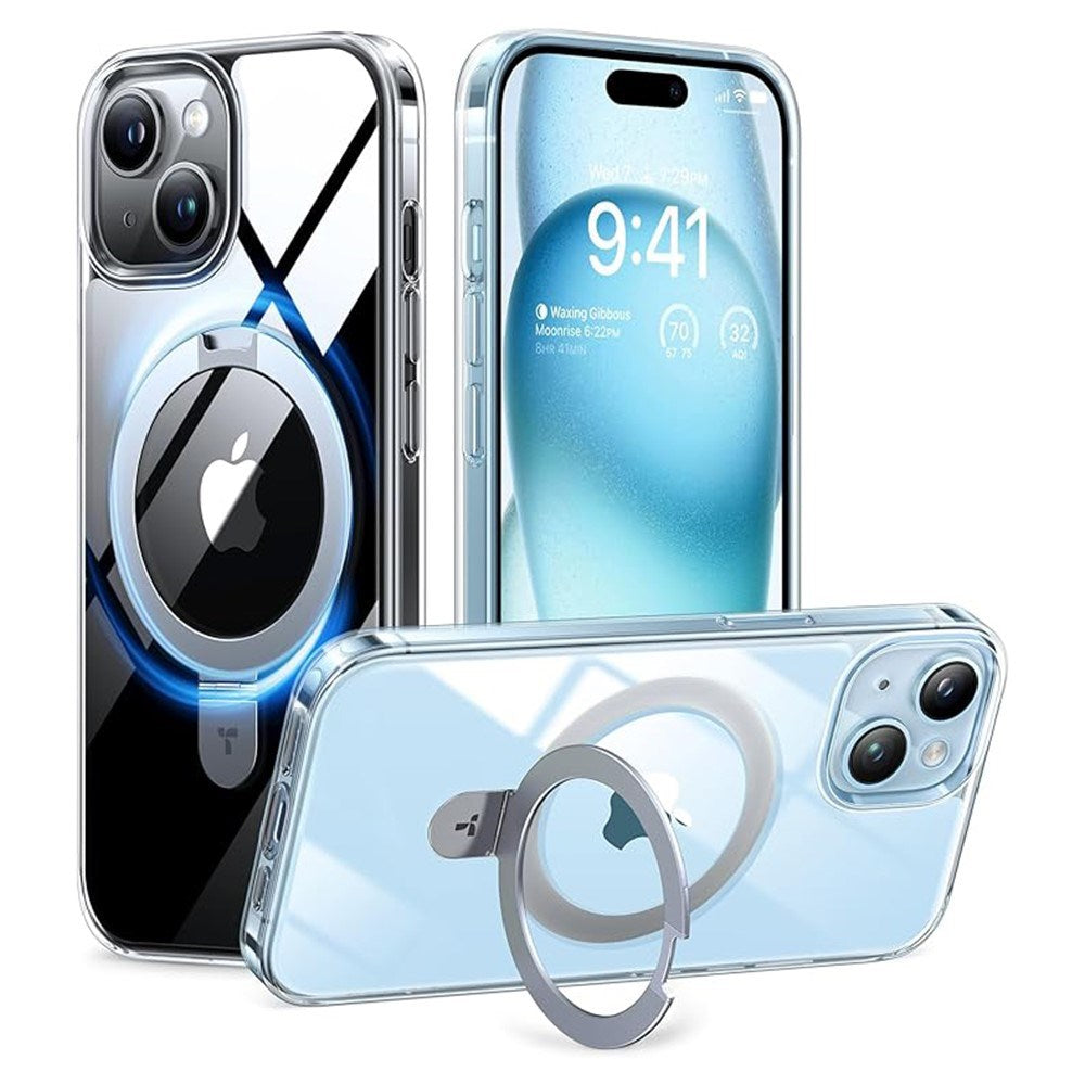 TORRAS iPhone 15 Hybrid Plast Deksel m. Ståfunksjon - MagSafe Kompatibel - Gjennomsiktig