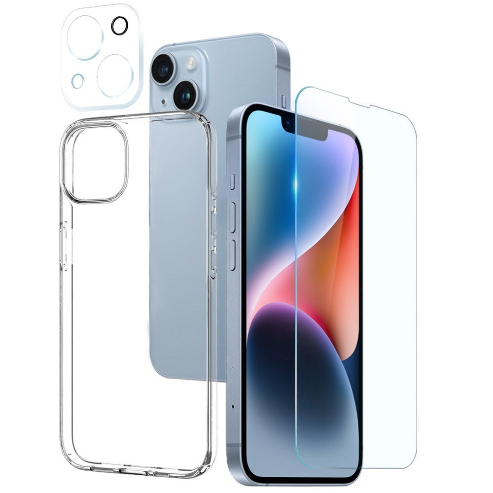 NORTHJO iPhone 14 | 3-i-1 360° Beskyttelsessett med Deksel | Skjermbeskytter | Kameralinsebeskytter - Gjennomsiktig