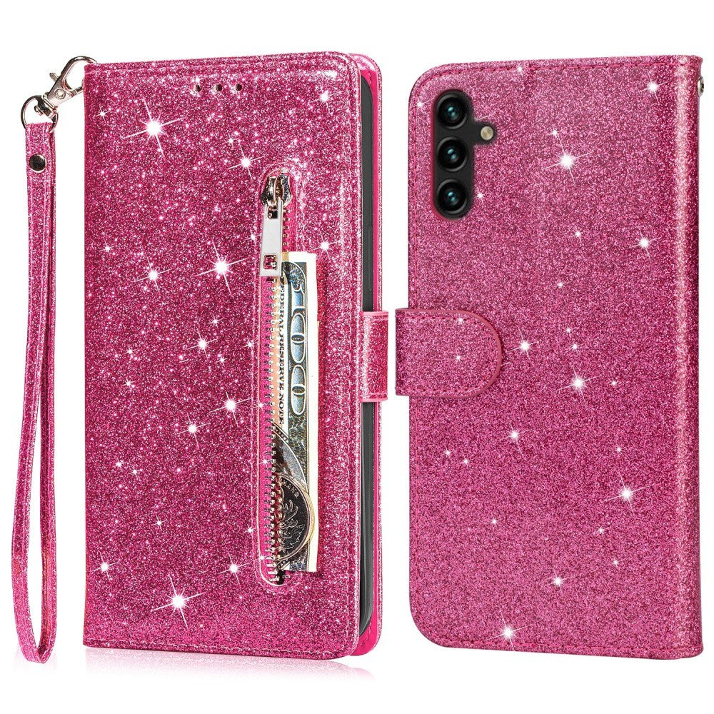 EIDERWOOD Samsung Galaxy A56 (5G) Glitter Flip Deksel m. Glidelåslomme & Ståfunksjon - Pink