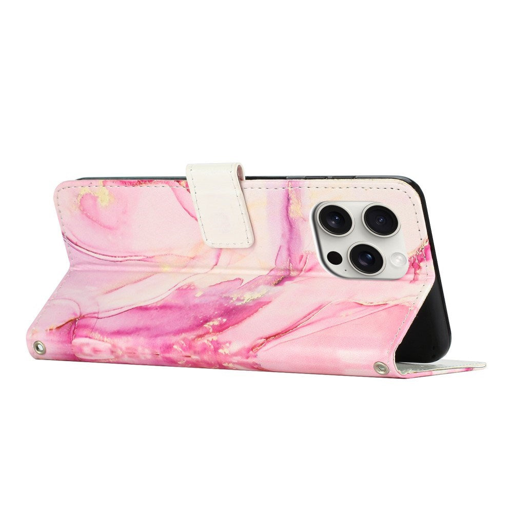 EIDERWOOD iPhone 16 Pro Max Kunstskinn Flip Deksel med Lommebok og Stropp - Marmordesign - Rosa